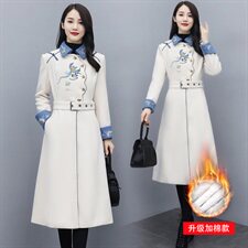 毛呢外套女中长款2024春秋新款时尚复古风刺绣收腰显瘦呢子大衣潮，女装毛呢外套，芷墨服饰