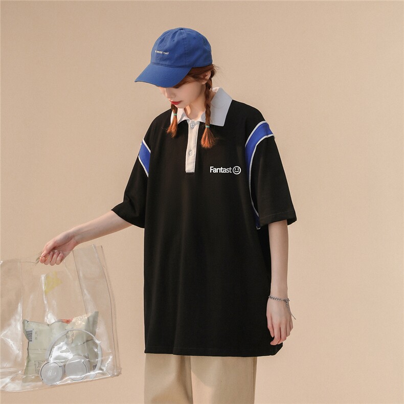 中性 夏季潮流拼色全棉宽松情侣短袖POLO衫T恤 PL157 P45控68图片