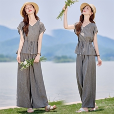 薄款天丝时尚套装女2025夏新款时尚气质减龄显瘦港风阔腿裤两件套，女装套装/套裙，E百度