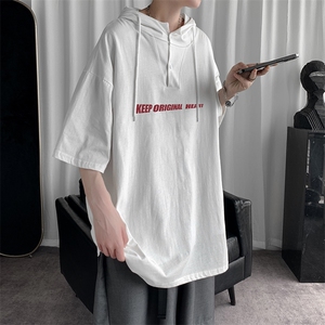 LD54071-P45 连帽短袖t恤男大码胖子带帽五分袖中袖图片