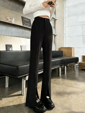 黑色开叉西装裤春夏高腰垂感阔腿裤小个子窄版直筒微喇裤，女装休闲裤，云美莎专业女裤-全店现货