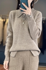 新款翻领单排扣针织衫女秋冬新款宽松显瘦纯色羊毛衫，女装羊毛衫，佑昭祥羊绒