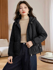 2025冬装新款简约时尚休闲加绒保暖连帽外套，女装短外套，阿丹