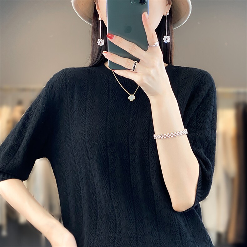 春秋新款女圆领羊毛衫中袖宽松打底衫纯色镂空针织毛衣T恤衫，女装羊毛衫，朝辰羊绒