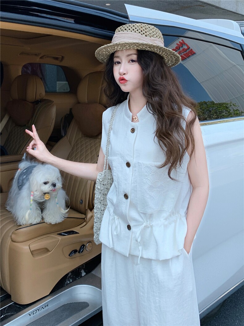 轻熟气质套装裤2026夏季新款高级感刺绣无袖马甲阔腿裤两件套,女装套装/套裙,冬木谷雨