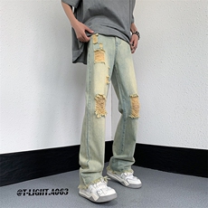 2023夏季美式高街破洞毛边小众弹力牛仔裤货号K723P65，男装牛仔裤，电商A063