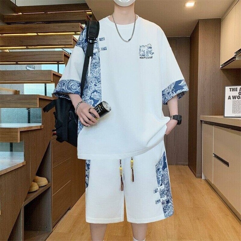 TZ25302-P55夏季休闲T恤短裤男两件套港风学生宽松短袖运动套装,男装牛仔裤,电商D310B
