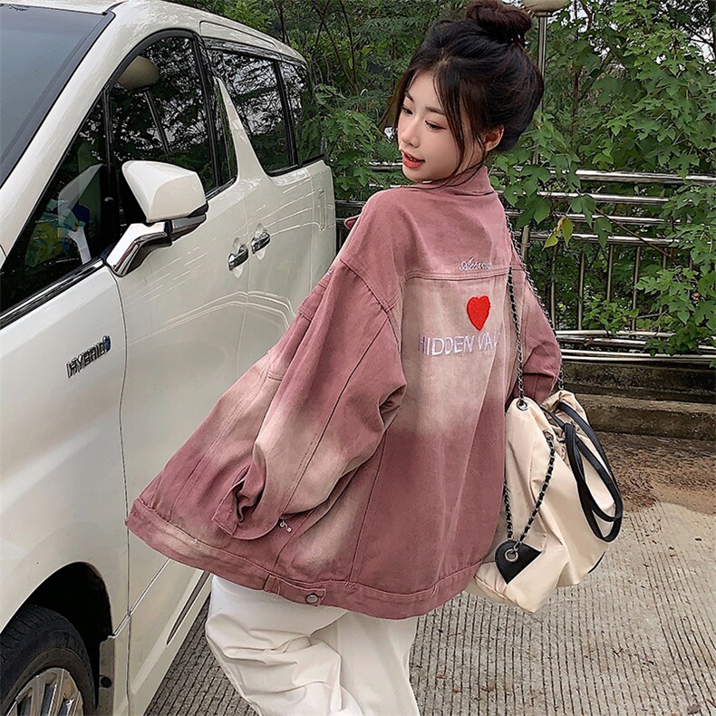 A169-P75 渐变色牛仔外套春秋新款复古宽松设计感做旧夹克上衣图片