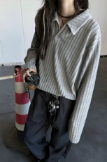 网图慎用纹理感老钱风手缝线翻领长袖T恤男宽松T24524-特P40控78，男装T恤，电商A001