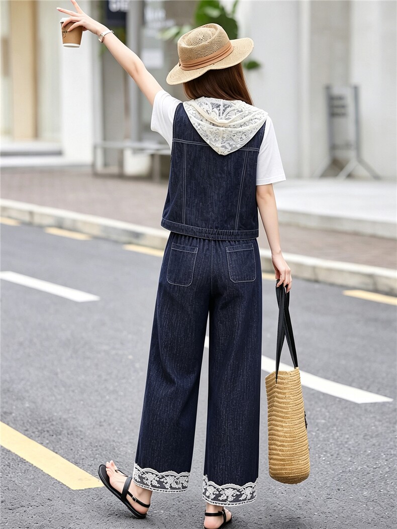 现货牛仔套装女2026夏季新款高级感韩里韩气蕾丝马甲阔腿裤穿搭,女装套装/套裙,艾仟回(原伊仟回)