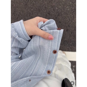 TC582-P45韩版气质竖条纹翻领衬衫女装长袖宽松开衫polo防晒上衣图片