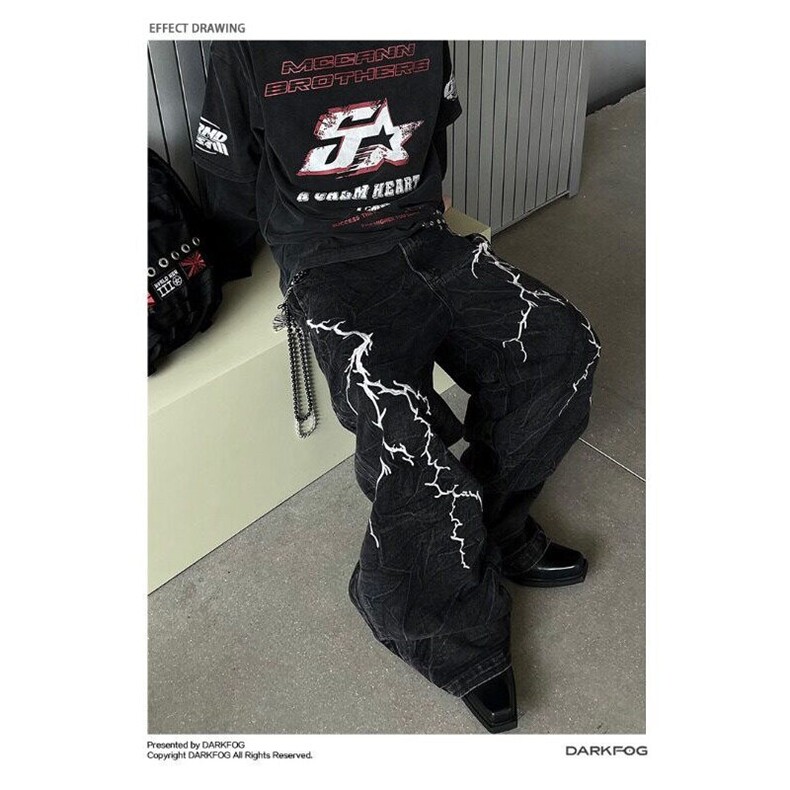 W9251-P53网图现货春季新款小众设计感刺绣闪电宽松牛仔裤,男装牛仔裤,星座1608-2