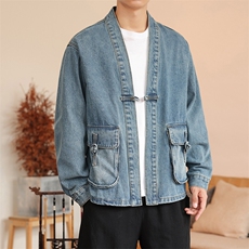 秋冬新款大码道袍日系复古牛仔衣外套盘扣新中式夹克潮F26/P110，男装工装外套，钱塘713