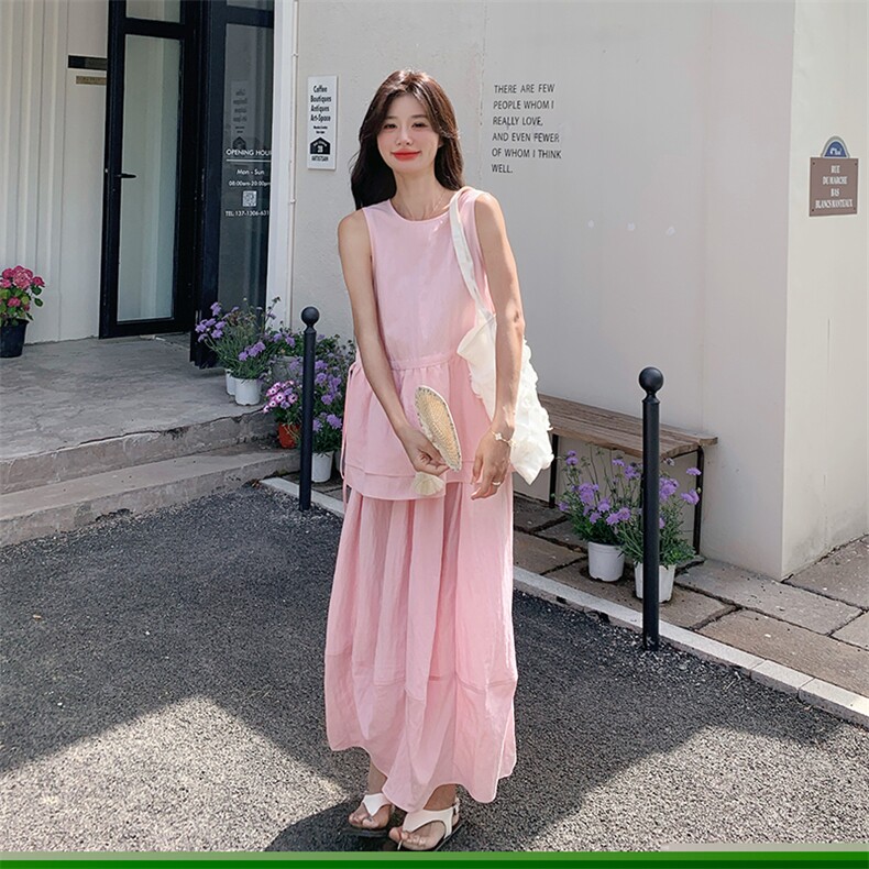 粉色无袖收腰小衫裙女夏新款超仙温柔风度假森系半身裙,女装半身裙,2C285