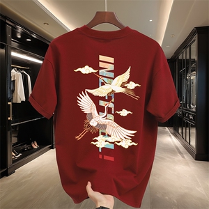 已做版权 新中式潮短袖风宽松仙鹤复古t恤男 T55-P28图片