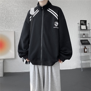 重磅条纹卫衣男开衫大码立领拼接上衣美式运动拉链外套JK5207/P65
