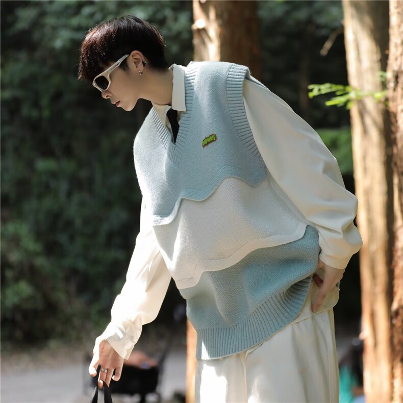 日系复古撞色拼接V领针织背心男士春秋季宽松学院风毛衣马甲，男装背心/马甲，星座1013