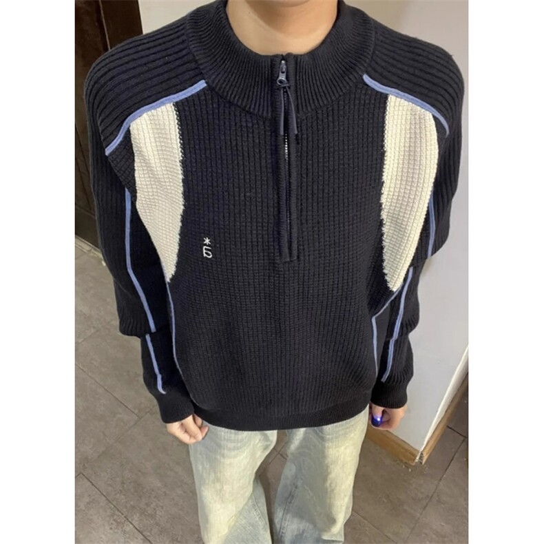 撞色半拉链毛衣情侣款套头外套ins轻奢小众炸街上衣MY278,男装针织衫/毛衣,星座1116A（原606A-3）