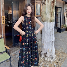 显瘦时尚见外包装旗袍无袖通勤夏季长裙连衣裙纯色碎花显瘦气质，女装连衣裙，2C115