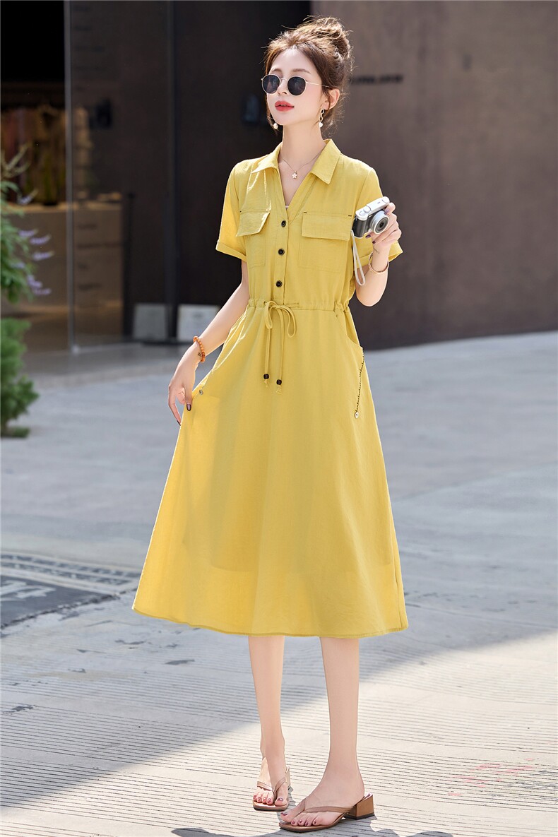休闲时尚减龄连衣裙女中长款2025夏新款系带收腰显瘦polo领衬衫裙,女装连衣裙,意芙