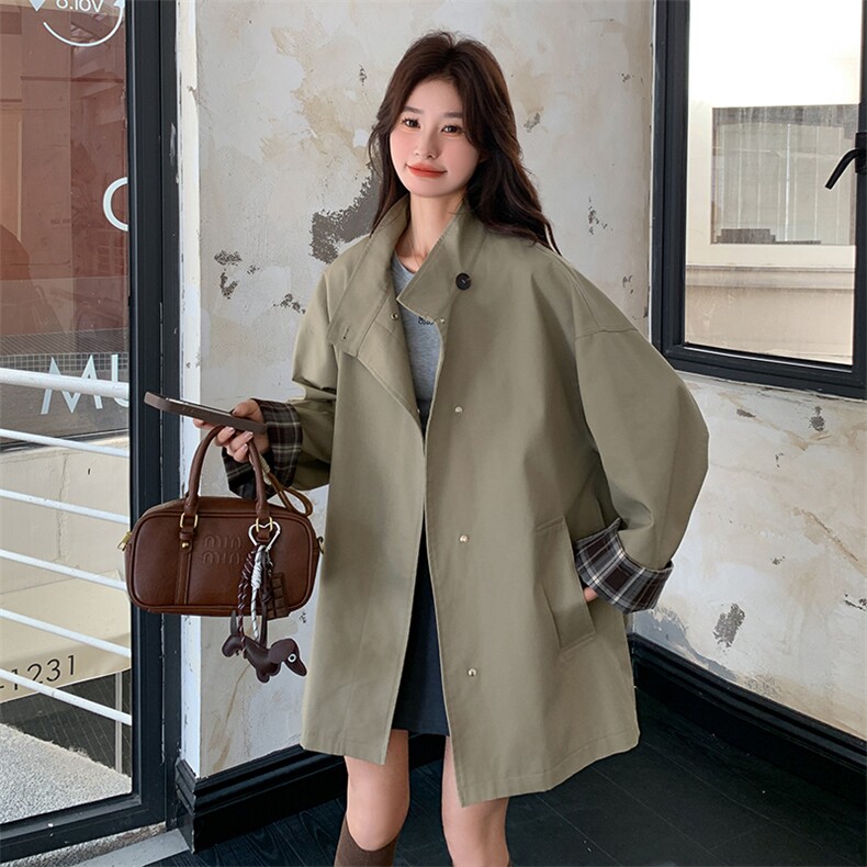 格子拼接美式风衣外套女春秋2025新款韩版宽松斗篷式大衣爆款流行图片