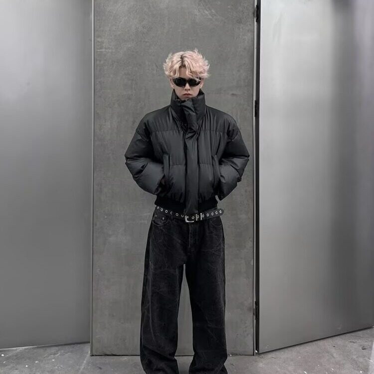 THREENINE短款加厚棉服男冬高级感立领PU皮夹克棉衣袄子保暖外套,男装棉衣,星座1001-1