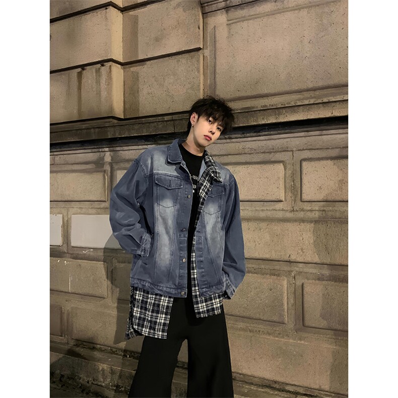 不规则假两件牛仔外套设计感下摆拼接格子夹克JK8624特P80，男装工装外套，星座908-1