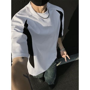 高品质二开240克宽松纯棉美式高街痞帅拼接工艺短袖T恤 特P25图片