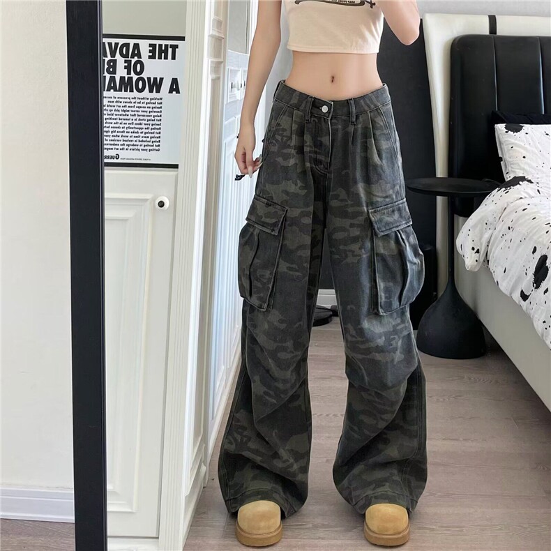 【网图现货】美式宽松迷彩工装裤微喇长裤K8036/P50，女装牛仔裤，星座205-3