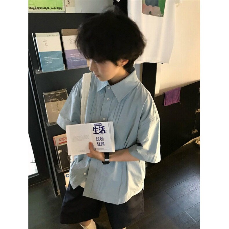 夏季潮牌褶皱设计感短袖衬衫男美式宽松休闲百搭纯棉衬衣CHT213,男装T恤,星座1116A（原606A-3）