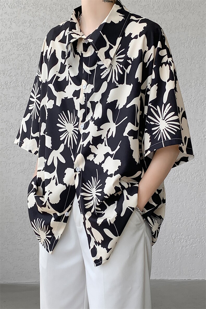 8XL-M夏威夷特大码冰丝垂感衬衫男度假风短袖复古花衬衣CS511P50,男装衬衫,电商D206-1