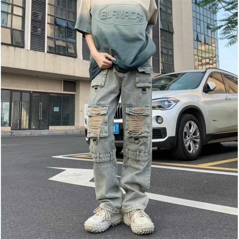 美式高质量牛仔裤男大口袋破洞高街帅2024秋冬ins长裤RK1122-P75,男装牛仔裤,星座412-2