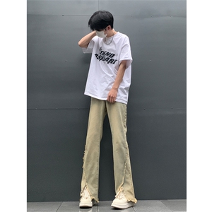 现货 24春夏黄泥开叉毛边宽松牛仔裤设计感微喇休闲裤男K5803-P55图片