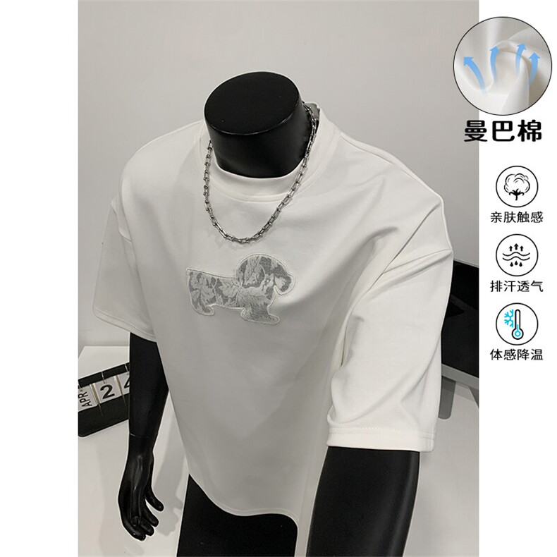 特批P26无差价夏季港风刺绣腊肠狗曼巴棉圆领短袖宽松T恤男T5095图片