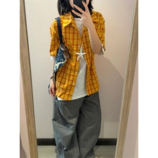 短袖格子衬衫夏季新款设计感小众宽松休闲男女款撞色衬衣C8255，男装T恤，星座1116A（原606A-3）