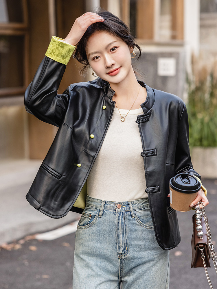 新中式盘扣皮衣外套女2025秋季新款超好看皮夹克PU拼接外套,女装皮衣,韩美纤衣