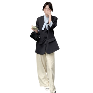 韩版韩系V领西服拼接单排扣西装学院风纽扣正装常规春秋气质长袖图片