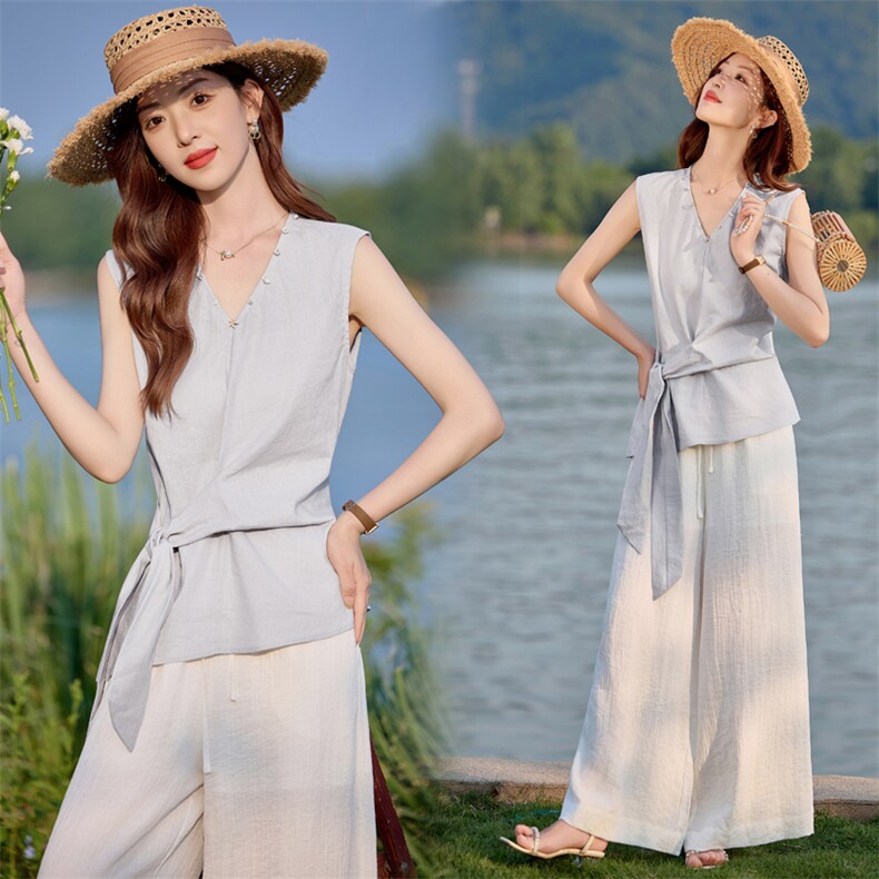 无袖通勤套装女2025夏款韩系高级感气质V领绑带上衣阔腿裤两件套，女装套装/套裙，美沁