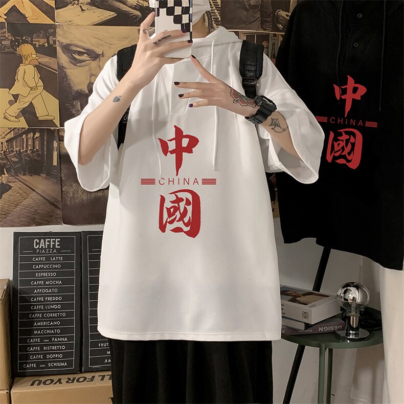 LD54198-P45连帽短袖t恤男大码胖子带帽五分袖中袖,男装T恤,电商A040