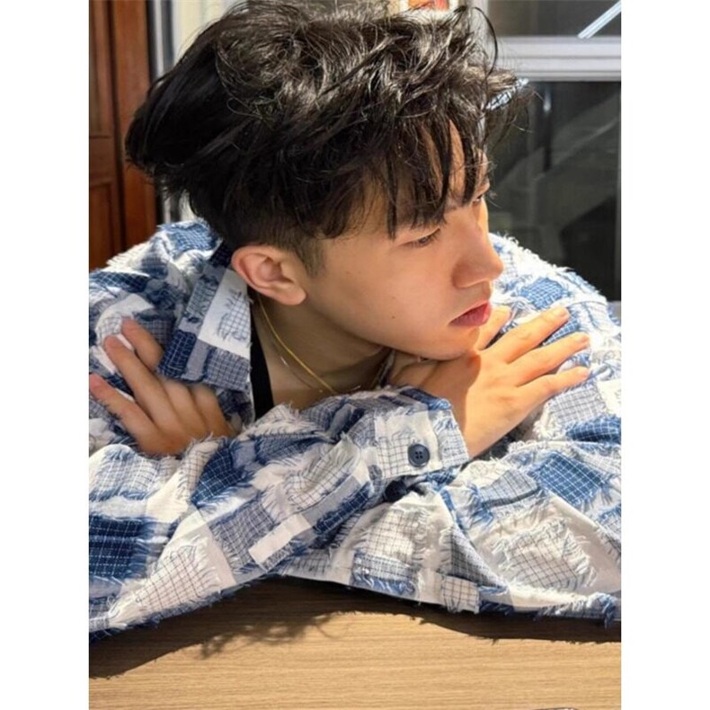 【有货】蓝白格子破坏流苏长袖衬衫休闲衬衣外套CS340特P53,男装衬衫,星座908-1