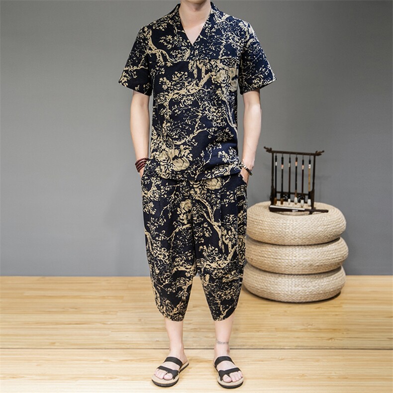 2021夏季中国风亚麻短袖套装男士七分裤两件套QT6005-TZ08-P65，男装套装，星座1112-5（原712-5）