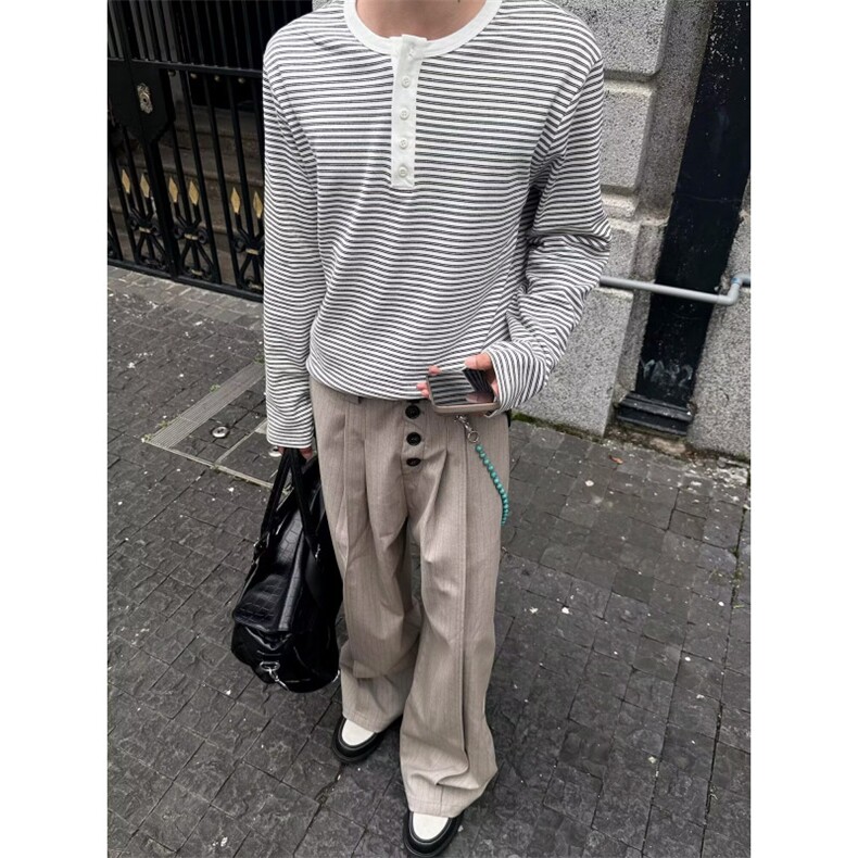 W11129-P48网图现货春季新款宽松条纹撞色长袖T恤百搭打底衫，男装T恤，星座1608