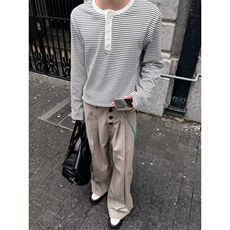 W11129-P48网图现货春季新款宽松条纹撞色长袖T恤百搭打底衫，男装T恤，星座1608