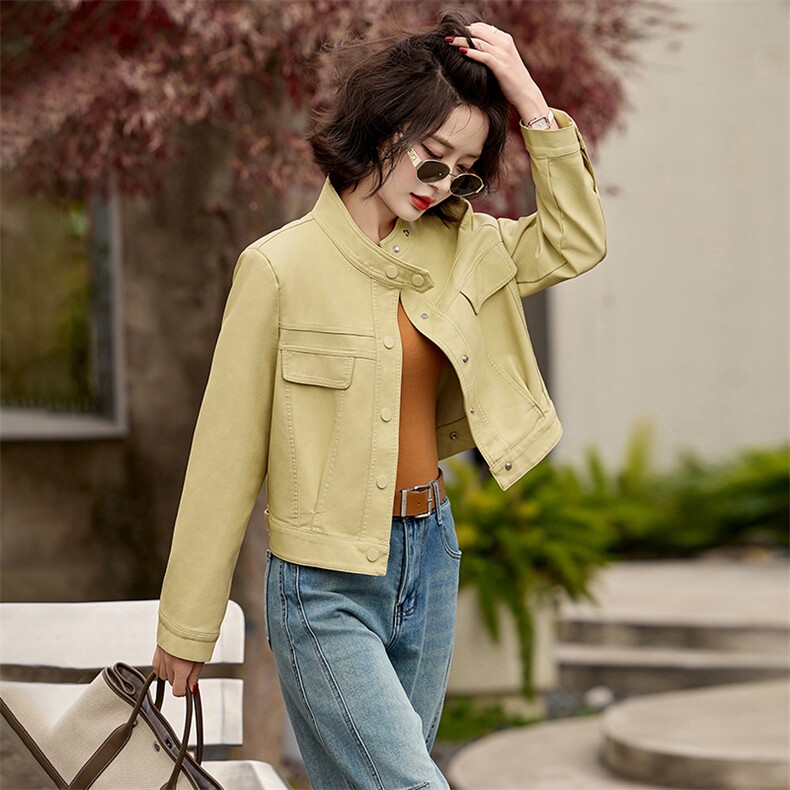 现货机车风外套2025春装新款女装时尚休闲简约短款立领落肩袖夹克，女装皮衣，美拉德工厂直营店