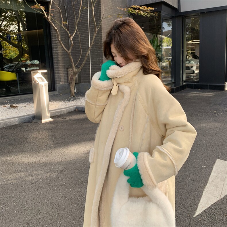 2C232-8699奶杏黄正反两穿长款皮毛一体外套8699-P235-K358,女装毛呢外套,2C232