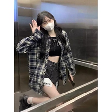 潮撞色格子衬衫男女款春秋季2025新款宽松休闲长袖百搭衬衣复古，男装衬衫，星座506A
