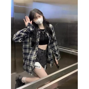 潮撞色格子衬衫男女款春秋季2025新款宽松休闲长袖百搭衬衣复古图片