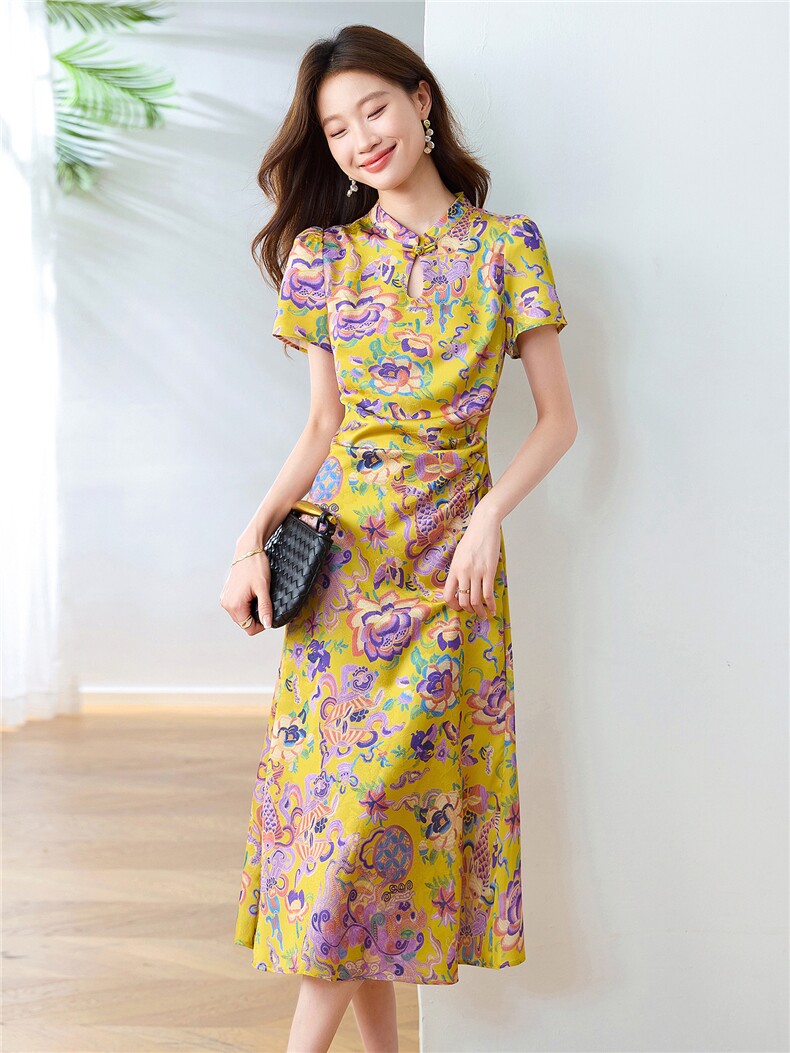慕未家J夏装新款立领打褶中长上衣松紧腰短裤时尚国风熹58298,女装连衣裙,布芭啦