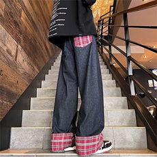 格子拼接卷边牛仔裤男休闲直筒长裤复古堆脚NT1730，男装牛仔裤，星座1116A-1（原606A）