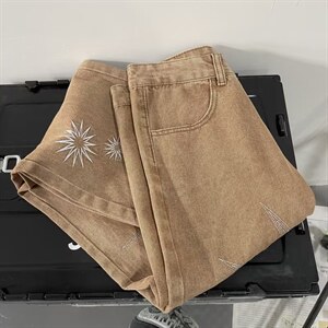 平铺美式高街水洗复古印花牛仔裤嘻哈街头休闲阔腿裤男N2203P50图片
